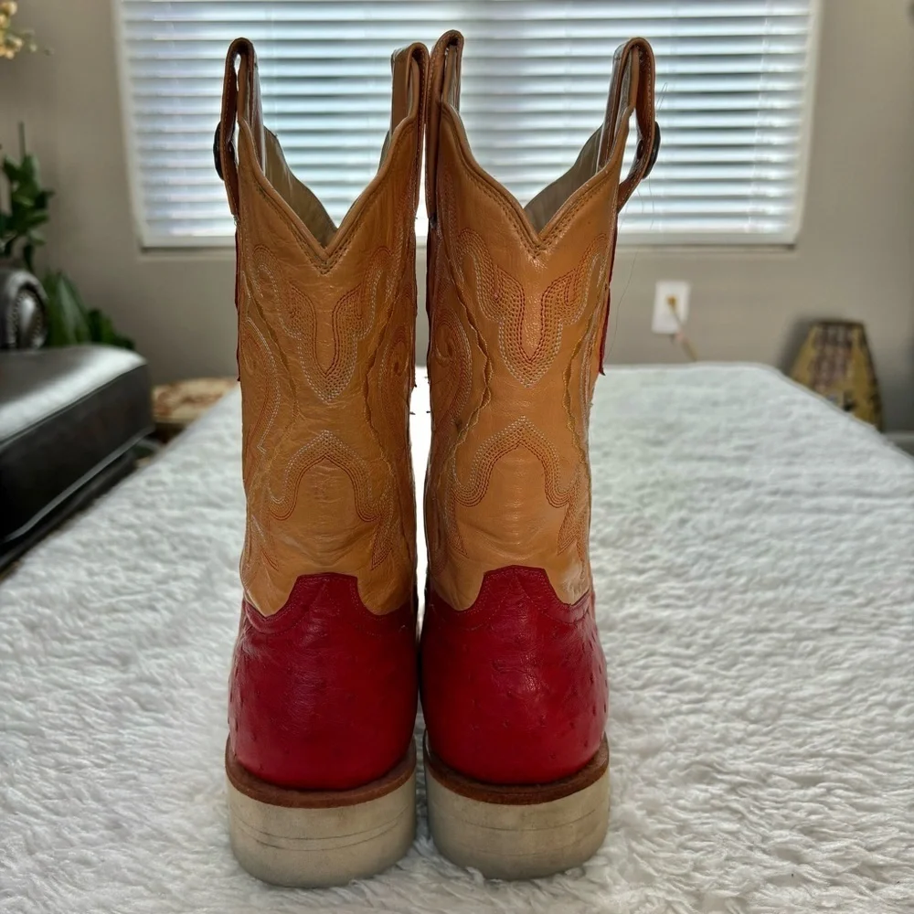 Rudy Lara Genuine Ostrich skin 2Tone Red/Cognac Leather Women’s Western Boots 7